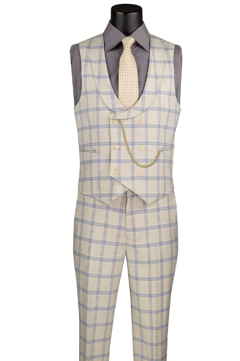 Men's Summer Windowpane Suit with Double Breasted Vest in Light Beige