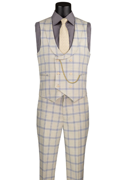 Men's Summer Windowpane Suit with Double Breasted Vest in Light Beige