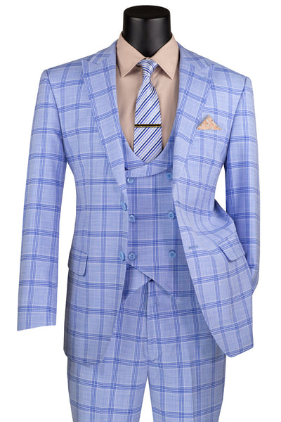 Men's Summer Windowpane Suit with Double Breasted Vest in Light Blue