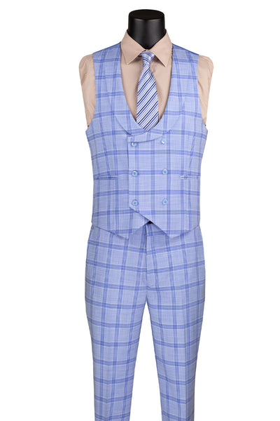 Men's Summer Windowpane Suit with Double Breasted Vest in Light Blue