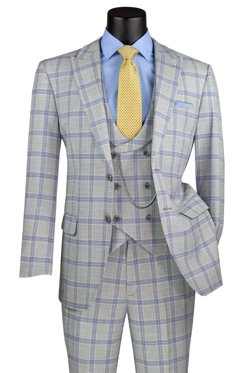Men's Summer Windowpane Suit with Double Breasted Vest in Light Grey