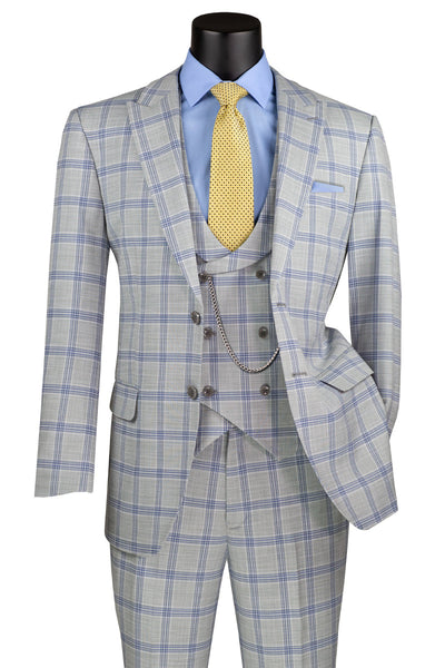 Men's Summer Windowpane Suit with Double Breasted Vest in Light Grey