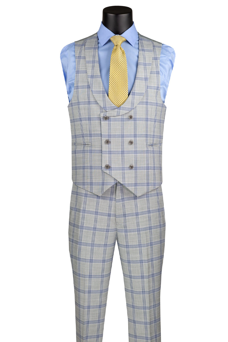 Men's Summer Windowpane Suit with Double Breasted Vest in Light Grey