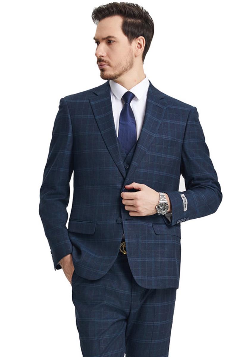 Men's Stacy Adams Vested Modern Fit Windowpane Plaid Suit in Navy Blue