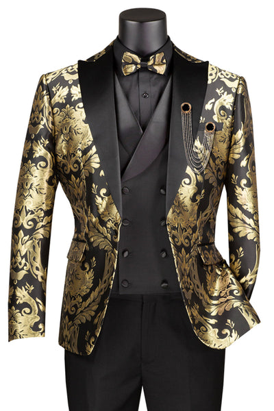 Men's Shiny Paisley Jacquard Vested Wedding & Prom Tuxedo in Black & Gold 