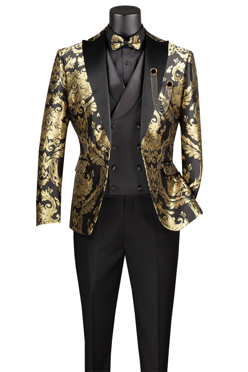 Men's Shiny Paisley Jacquard Vested Wedding & Prom Tuxedo in Black & Gold