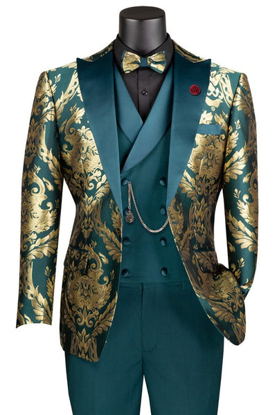 Men's Shiny Paisley Jacquard Vested Wedding & Prom Tuxedo in Emerald Green & Gold 