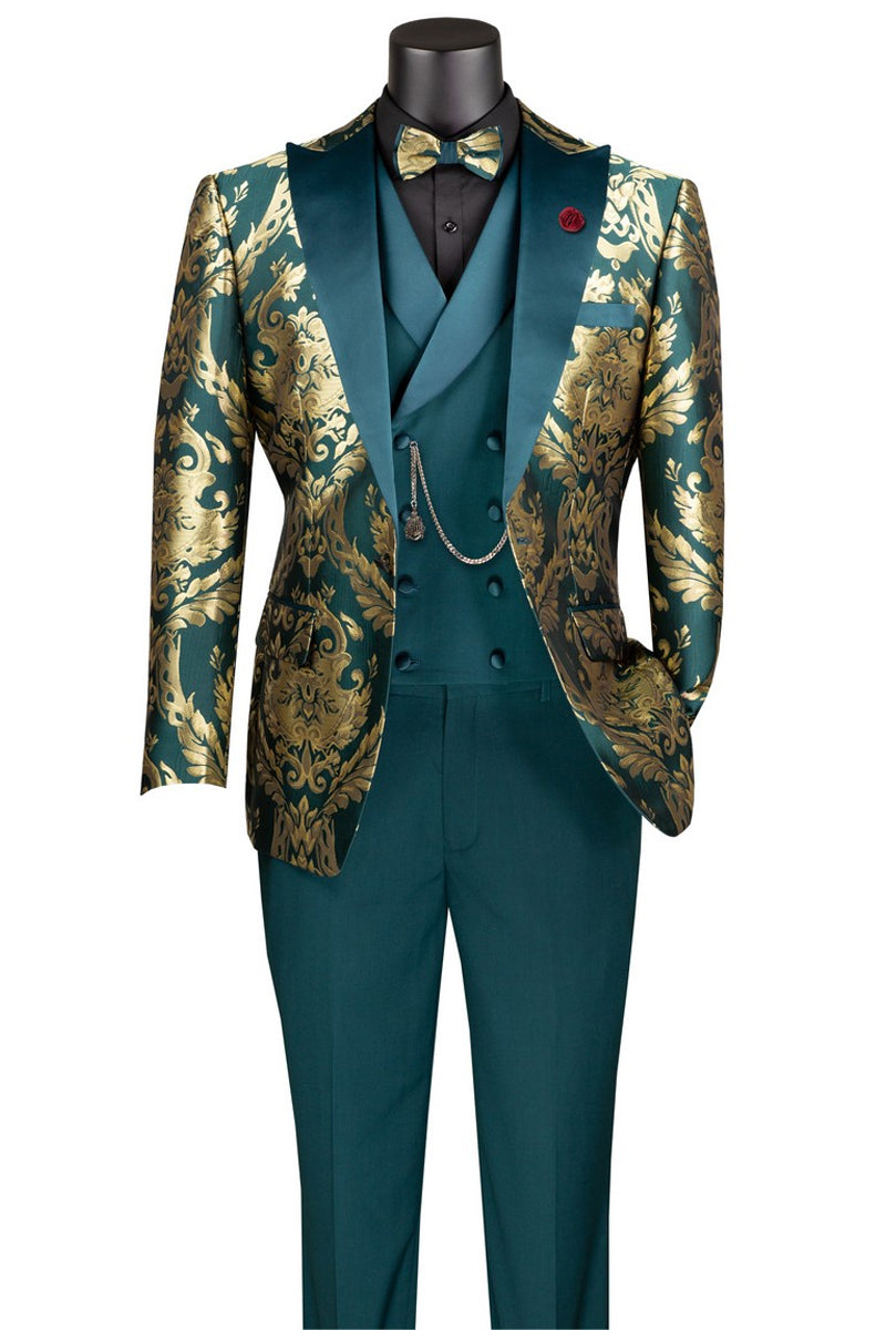 Men's Shiny Paisley Jacquard Vested Wedding & Prom Tuxedo in Emerald Green & Gold