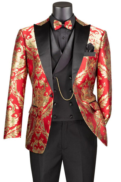 Men's Shiny Paisley Jacquard Vested Wedding & Prom Tuxedo in Red & Gold 