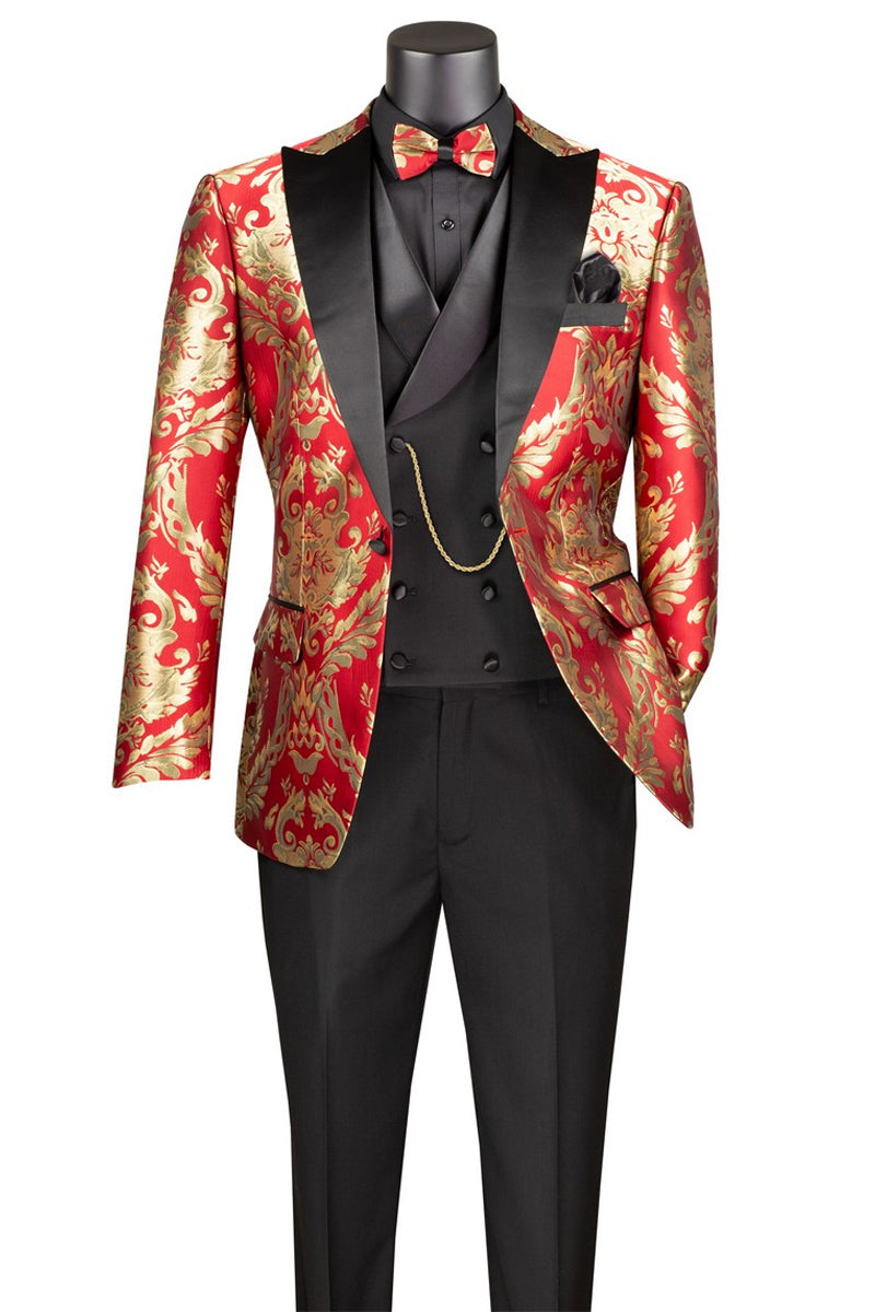 Men's Shiny Paisley Jacquard Vested Wedding & Prom Tuxedo in Red & Gold