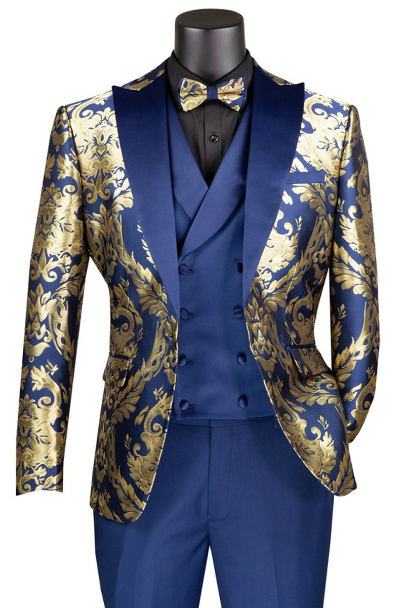 Men's Shiny Paisley Jacquard Vested Wedding & Prom Tuxedo in Navy Blue & Gold 