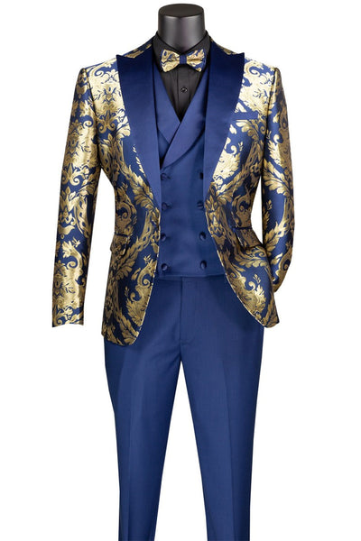 Men's Shiny Paisley Jacquard Vested Wedding & Prom Tuxedo in Navy Blue & Gold