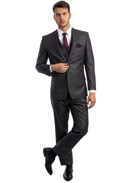 Men's 100% Wool Modern Fit Vested Suit in Charcoal Grey & Burgundy Windowpane Plaid