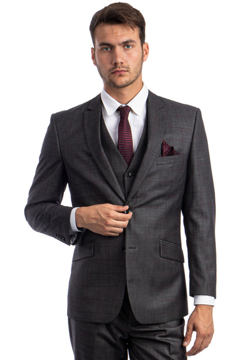 Men's 100% Wool Modern Fit Vested Suit in Charcoal Grey & Burgundy Windowpane Plaid