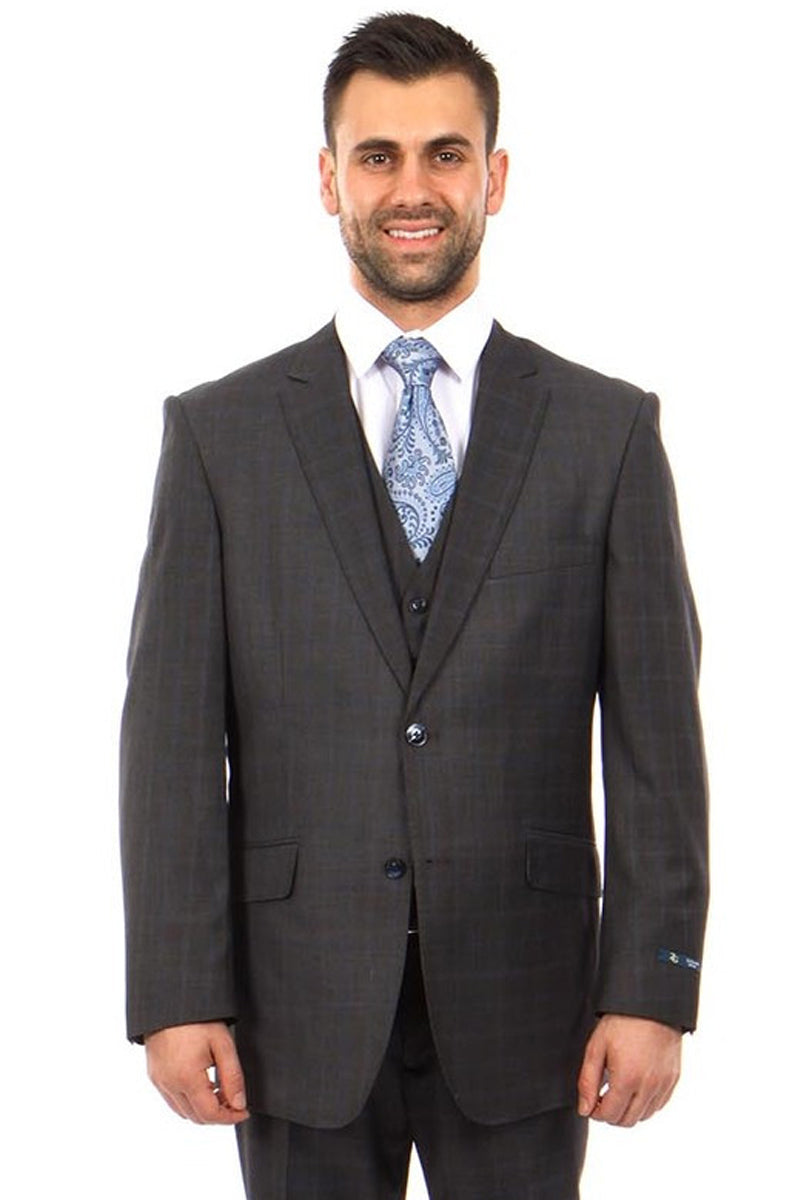 Men's 100% Wool Modern Fit Vested Suit in Charcoal Grey & Blue Windowpane Plaid