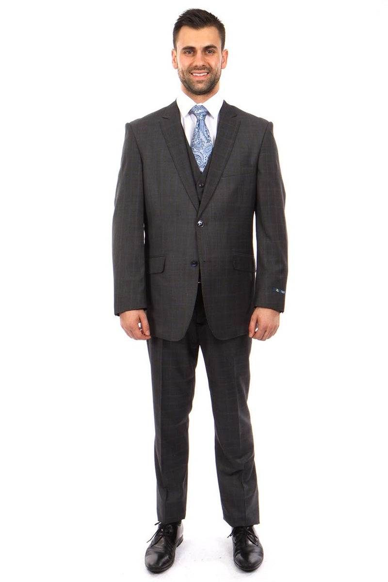 Men's 100% Wool Modern Fit Vested Suit in Charcoal Grey & Blue Windowpane Plaid