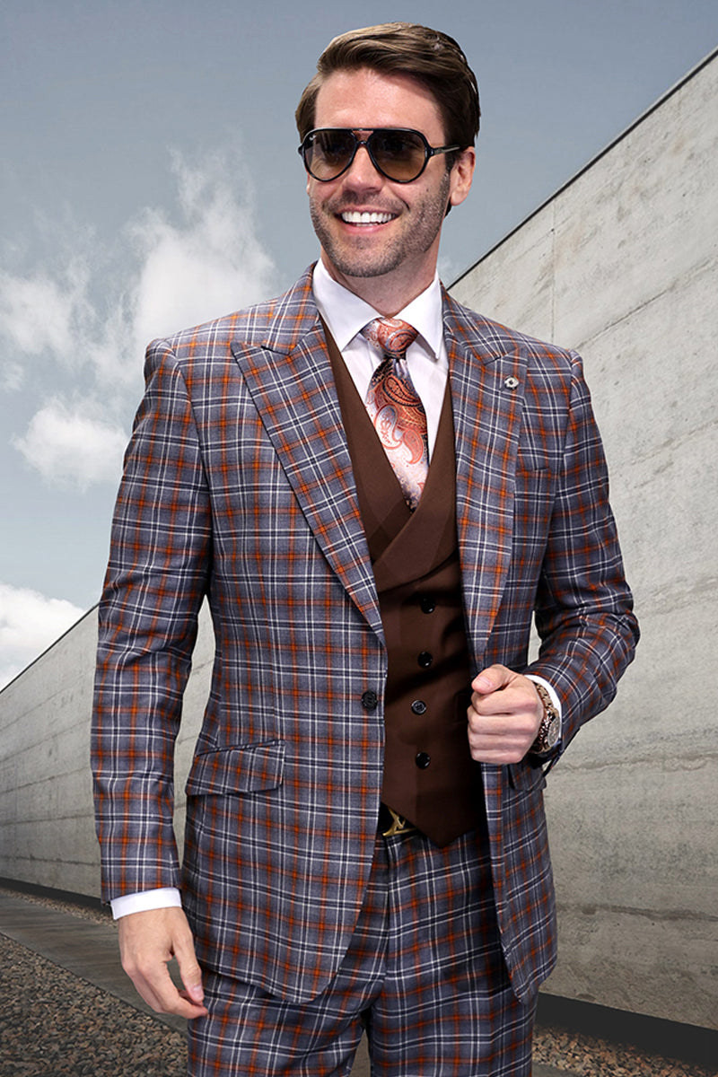 Men's Single Button Designer Wool Suit With Double Breasted Vest in Grey & Rust Windowpane Plaid