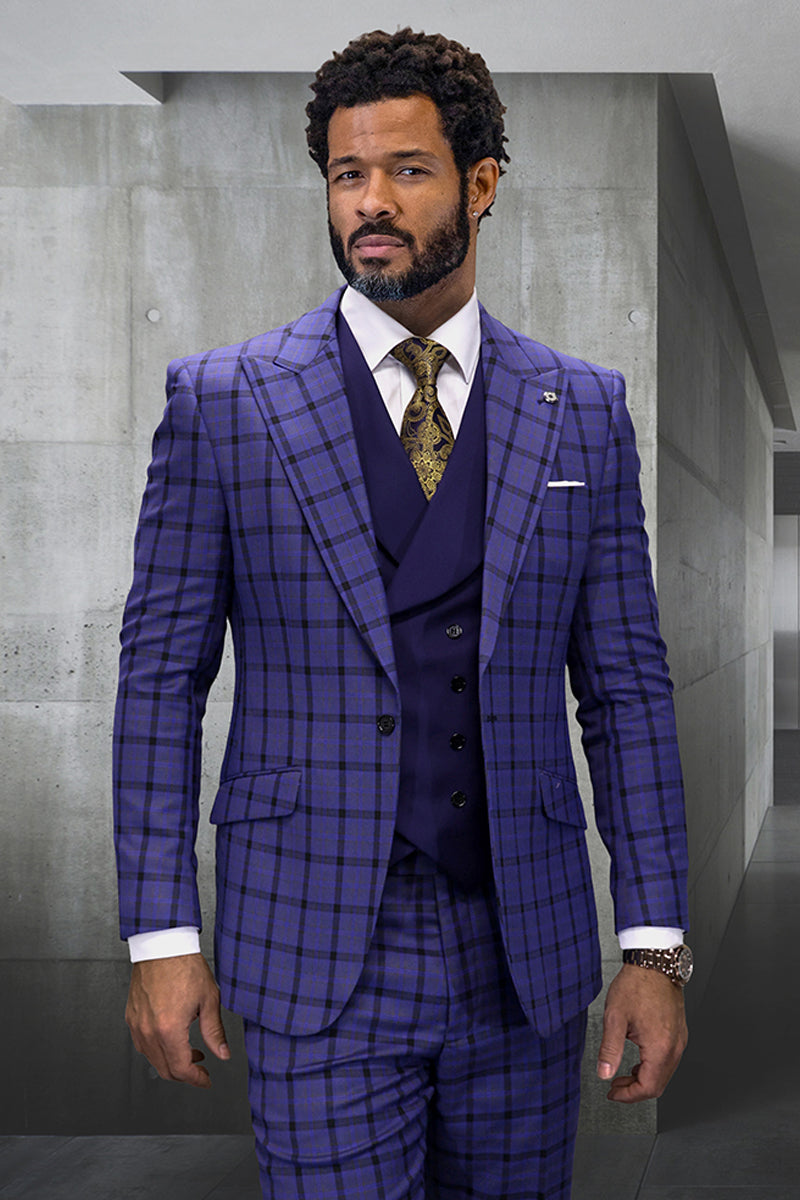 Men's Single Button Designer Wool Suit With Double Breasted Vest in Sapphire Blue Windowpane Plaid