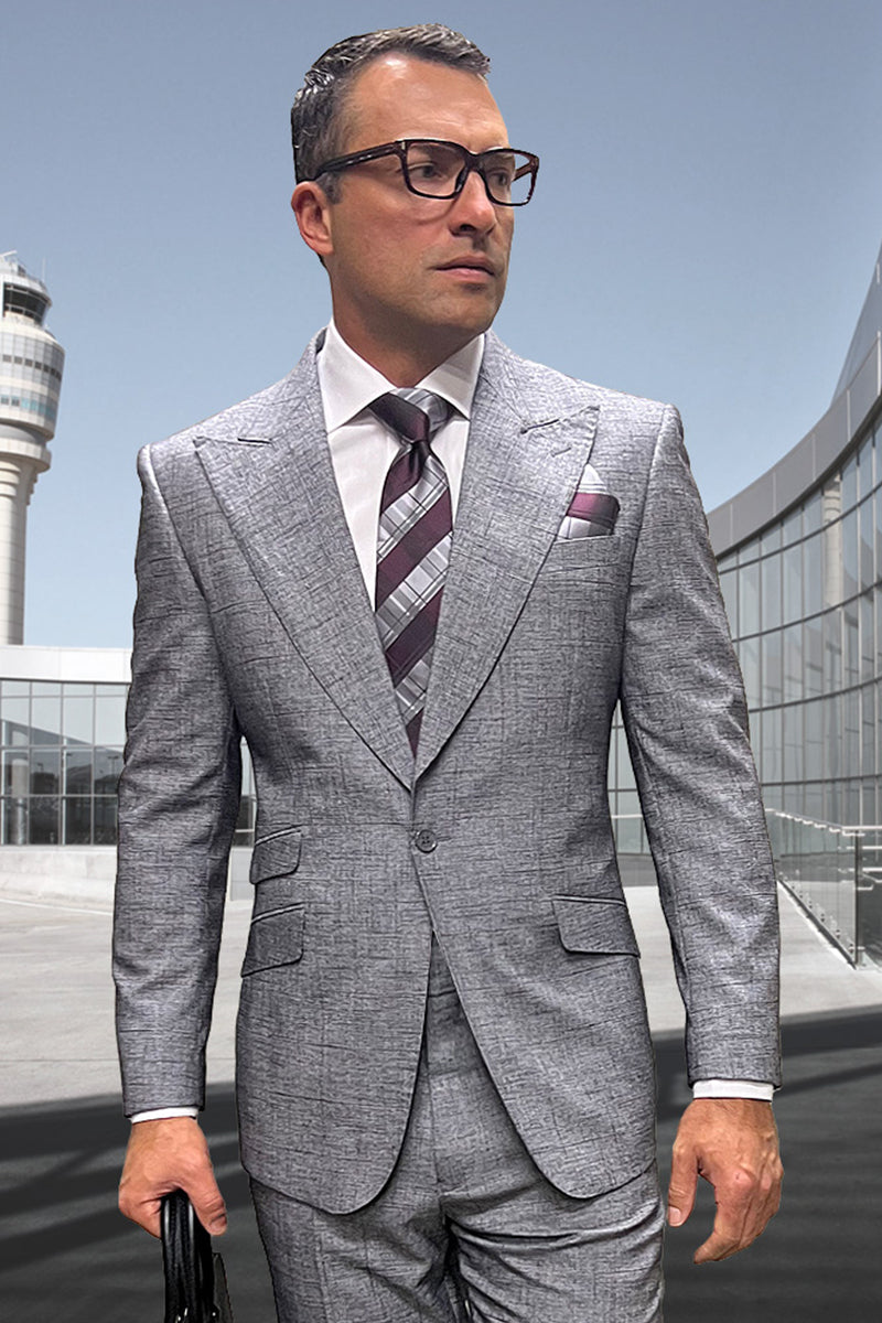 Men's Designer One Button Peak Lapel Wool Suit in Light Grey Windowpane