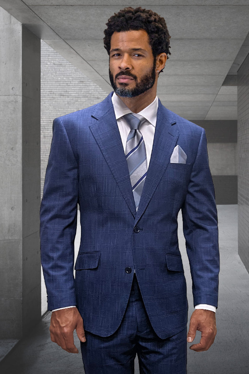 Men's Designer Two Button Wool Suit in Indigo Blue Plaid