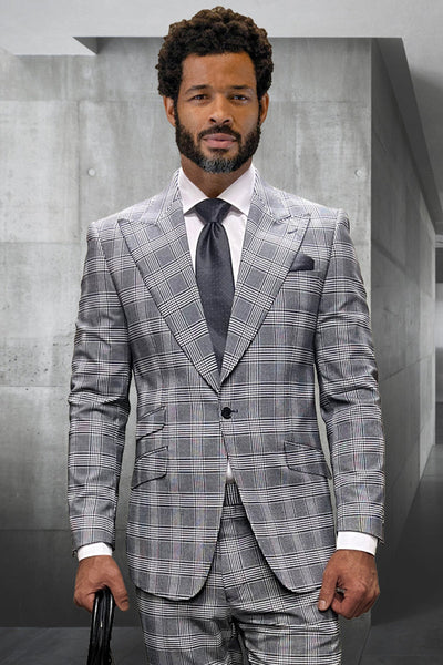 Men's Designer One Button Peak Lapel Wool Suit in Grey Windowpane Plaid