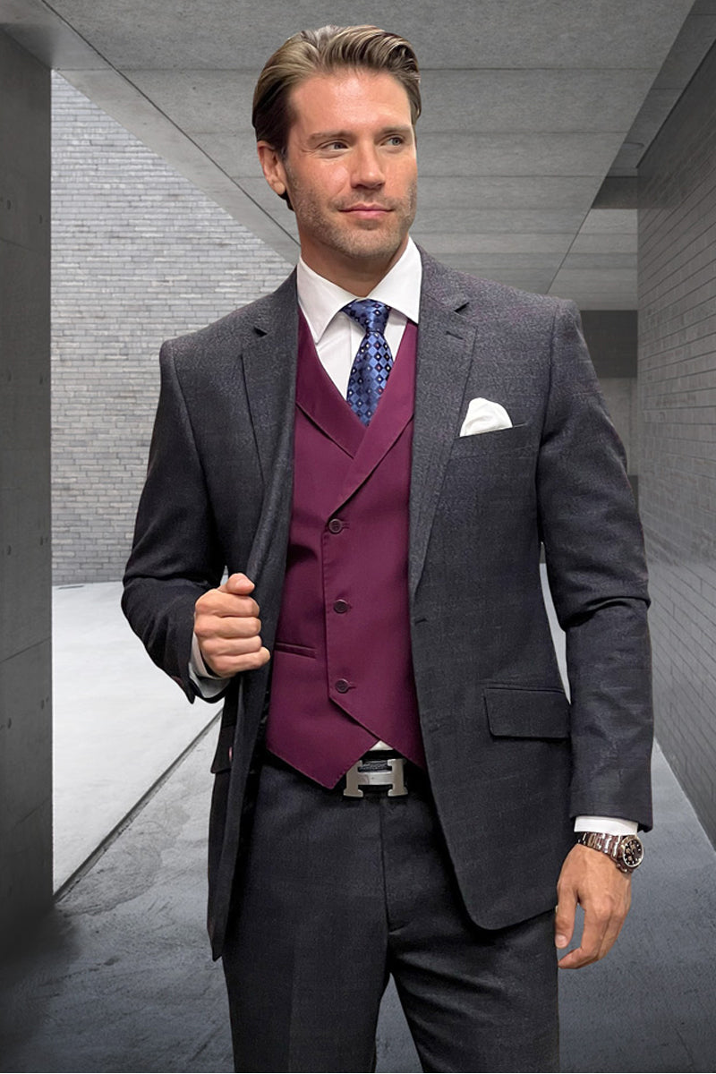 Men's Modern Fit Wool & Cashmere Plaid Business Suit in Charcoal Grey