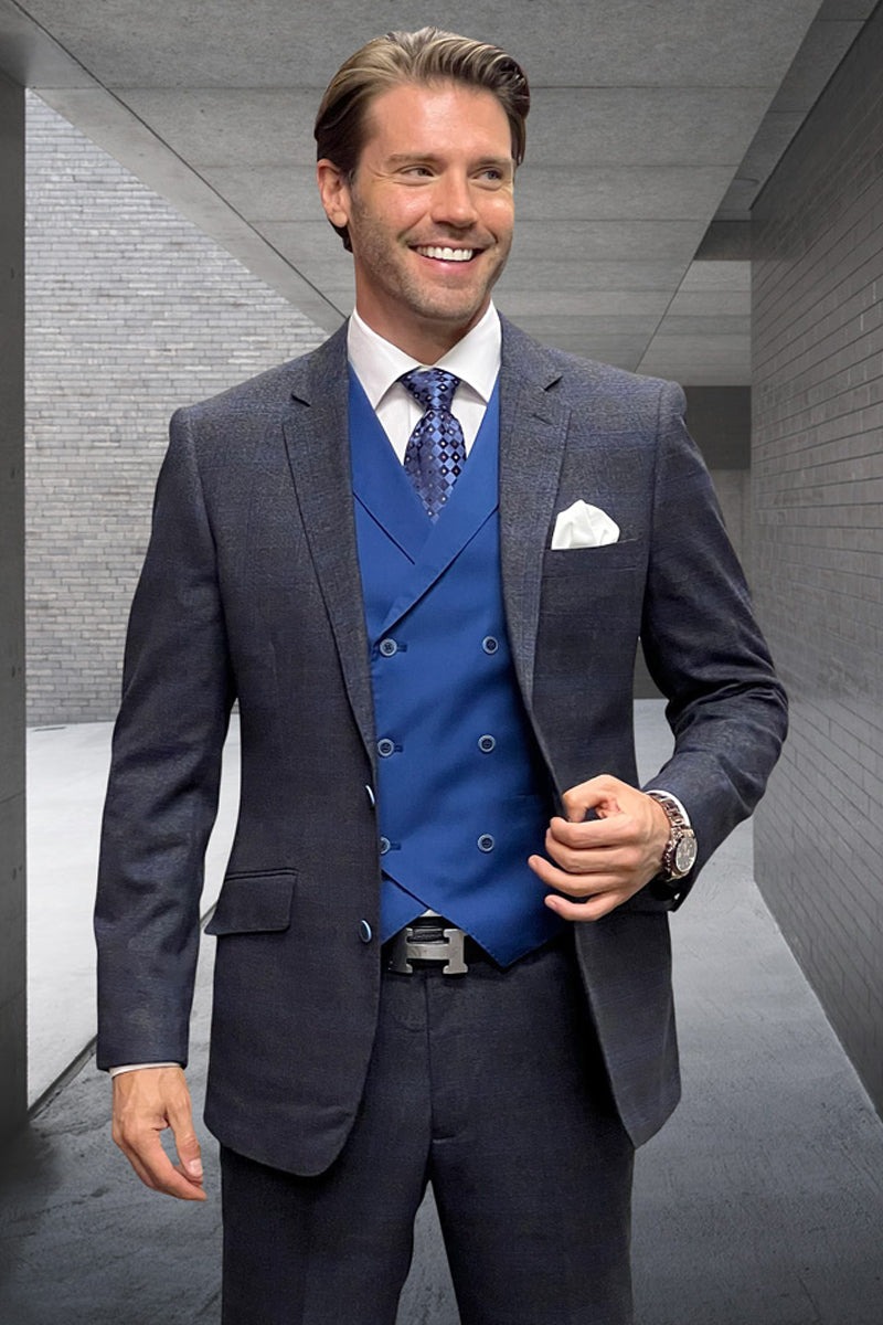 Men's Modern Fit Wool & Cashmere Plaid Business Suit in Sapphire Blue