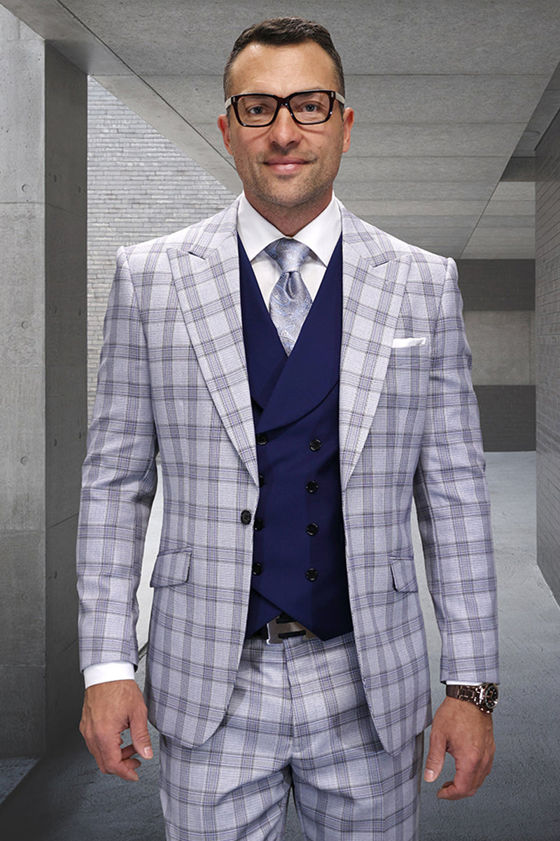 Men's Single Button Designer Wool Suit With Double Breasted Vest in Grey Windowpane Plaid