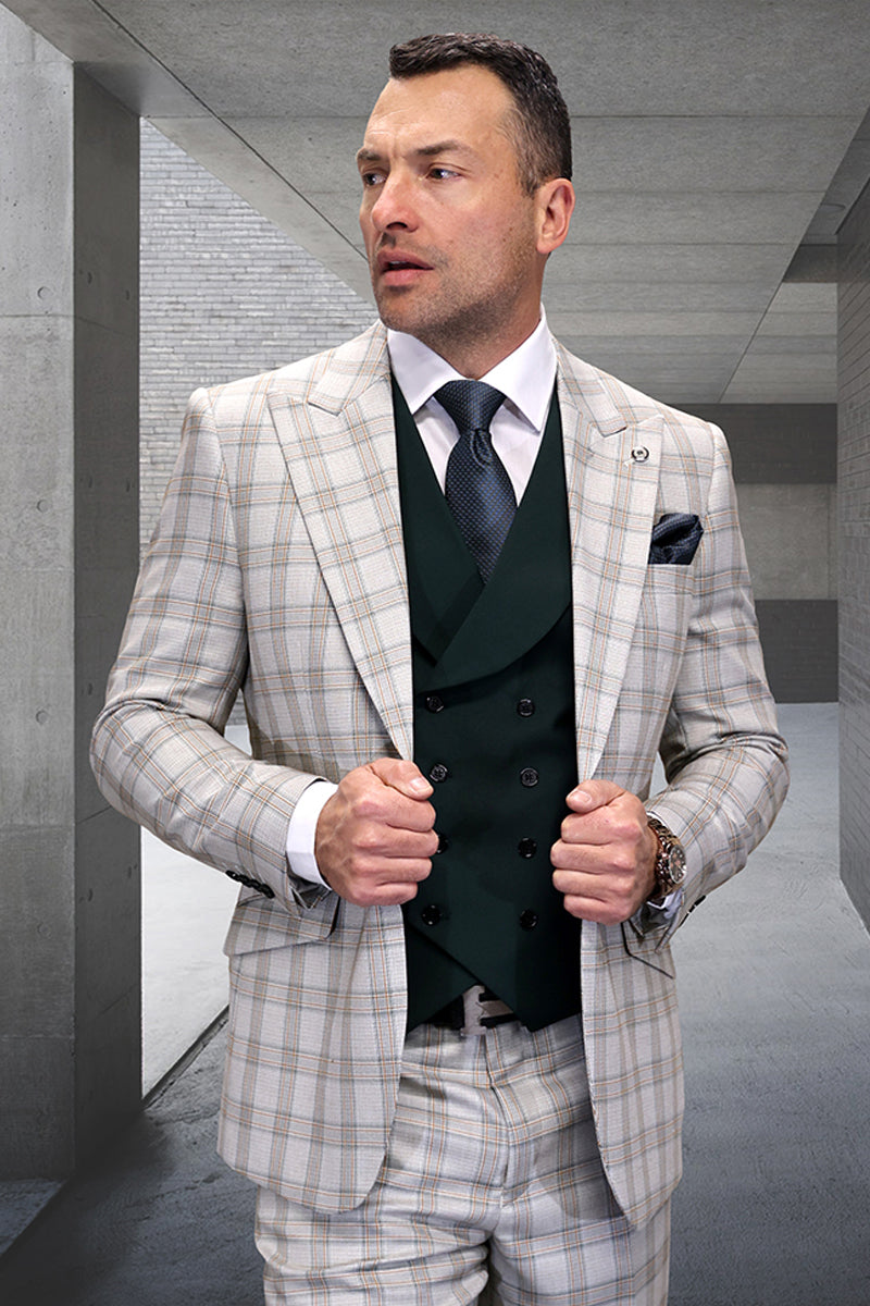 Men's Single Button Designer Wool Suit With Double Breasted Vest in Hunter Green Windowpane Plaid