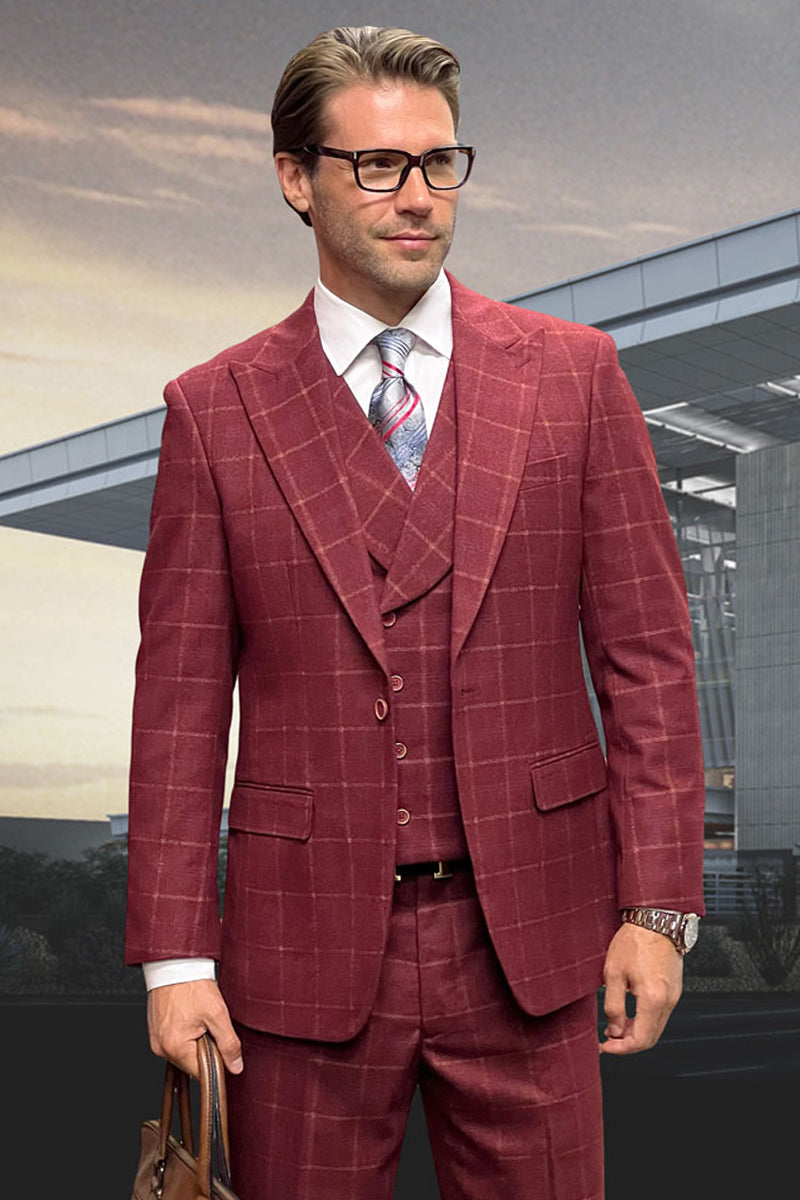 Men's Designer Wool Suit with Double Breasted Vest in Burgundy Windowpane Plaid