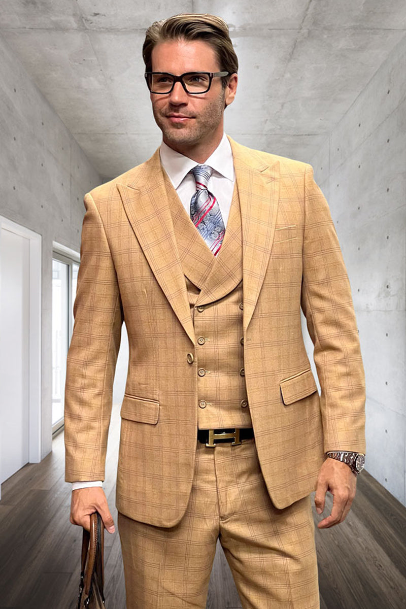 Men's Designer Wool Suit with Double Breasted Vest in Camel Windowpane Plaid