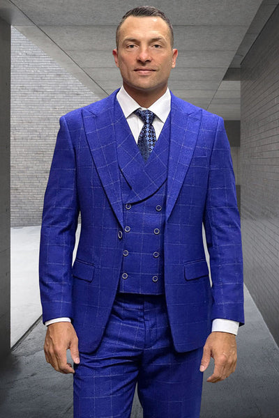 Men's Designer Wool Suit with Double Breasted Vest in Cobalt Blue Windowpane Plaid