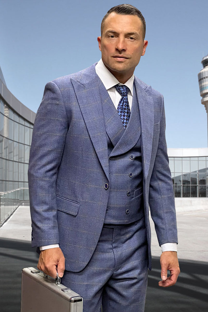 Men's Designer Wool Suit with Double Breasted Vest in Steel Blue Windowpane Plaid