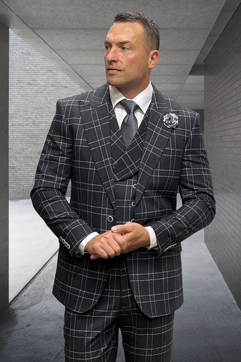 Men's Designer Vested Wool Peak Lapel Suit in Black Double Windowpane Plaid