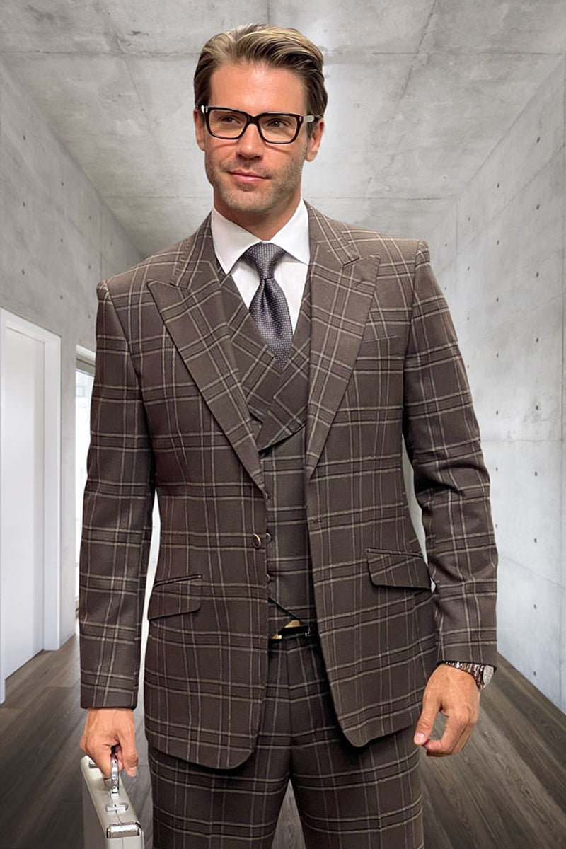 Men's Designer Vested Wool Peak Lapel Suit in Brown Double Windowpane Plaid