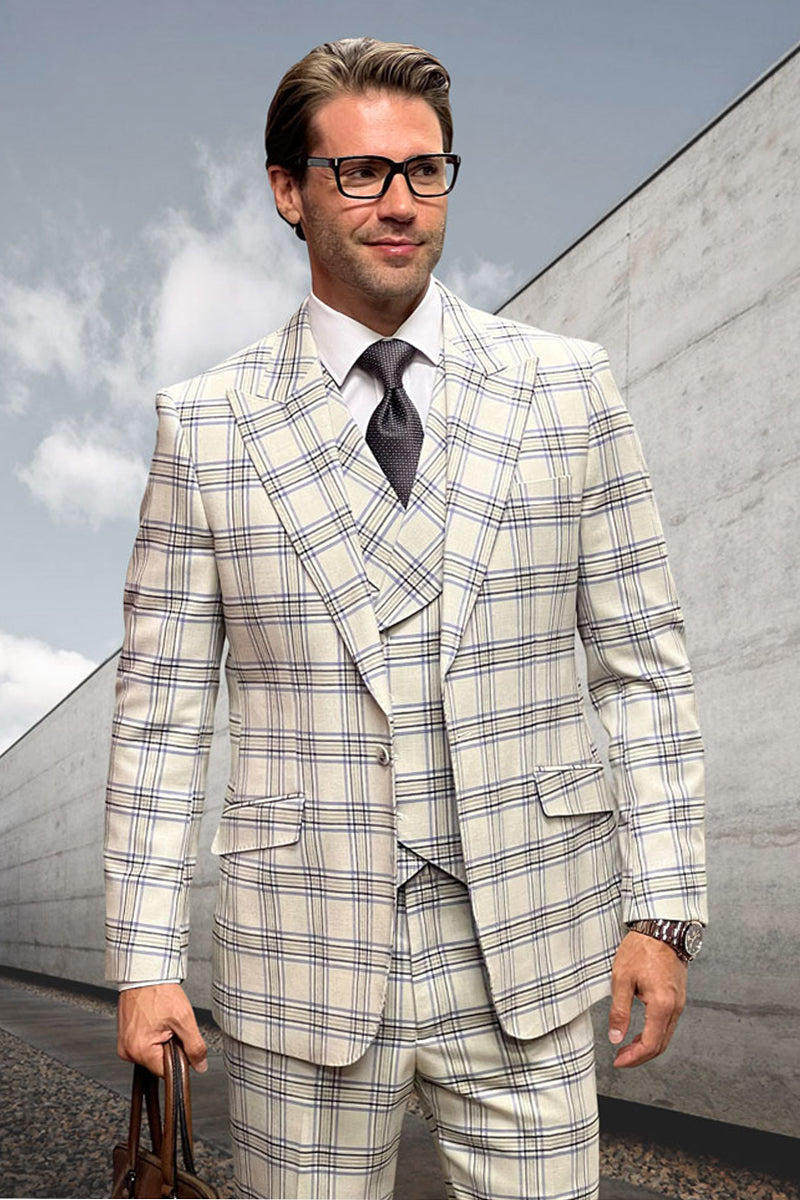 Men's Designer Vested Wool Peak Lapel Suit in Ivory Off White Double Windowpane Plaid