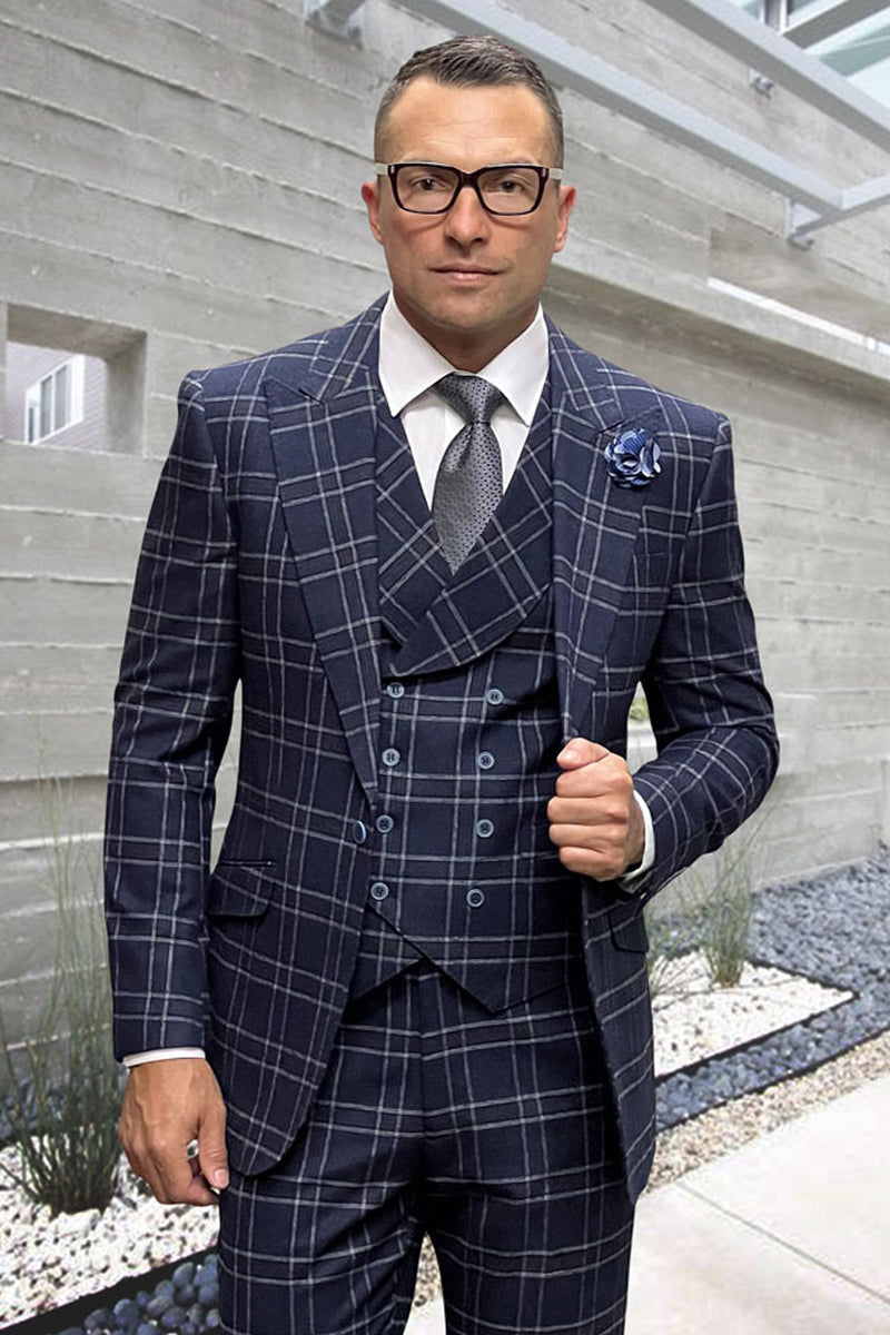 Men's Designer Vested Wool Peak Lapel Suit in Navy Blue Double Windowpane Plaid