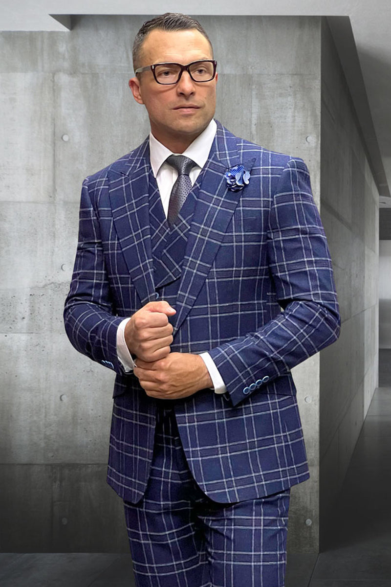 Men's Designer Vested Wool Peak Lapel Suit in Sapphire Blue Double Windowpane Plaid