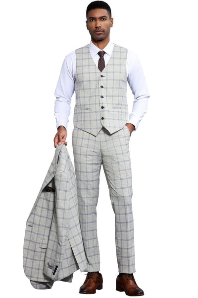 Men's Stacy Adams One Button Peak Lapel Vested Windowpane Plaid Suit in Grey & Blue