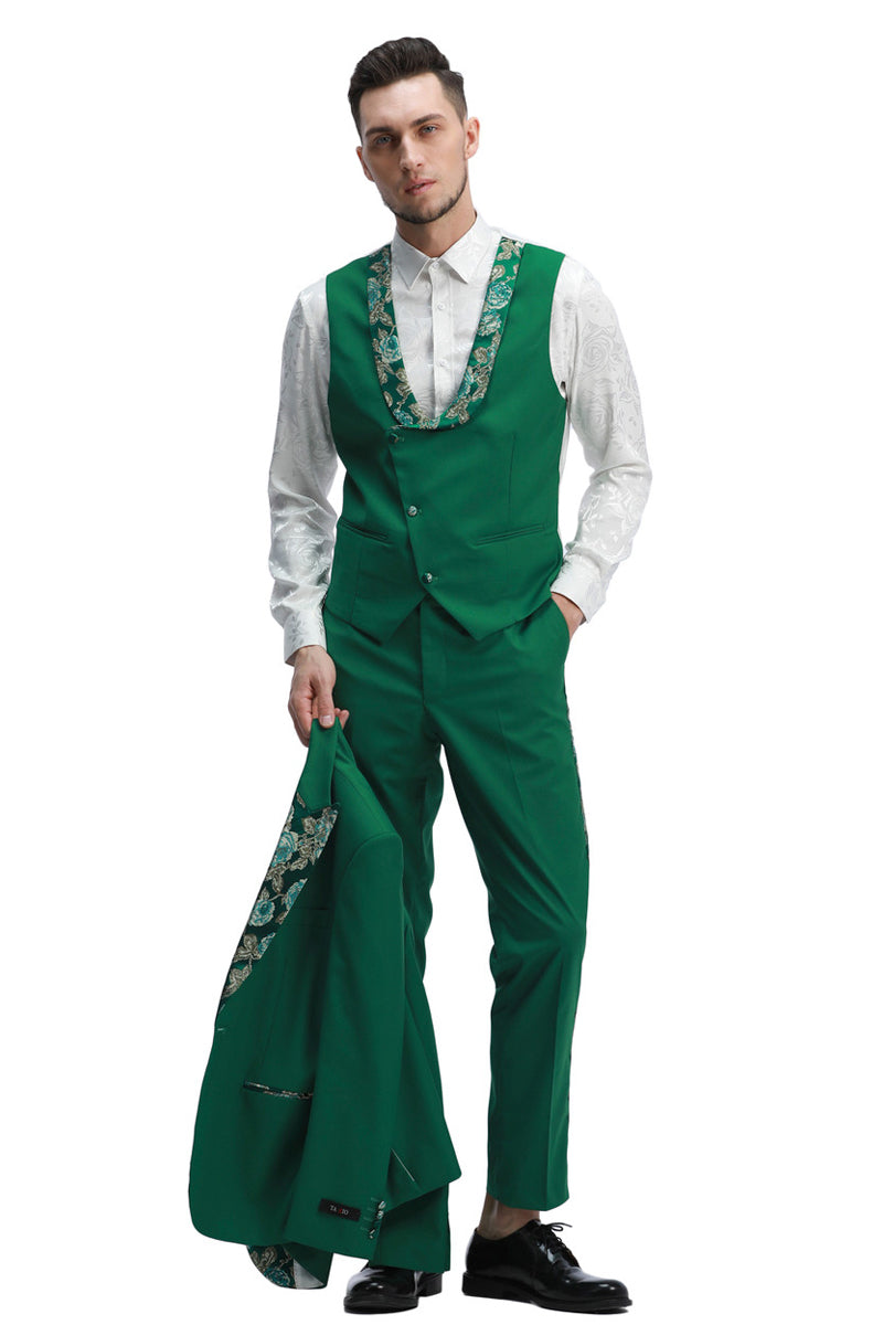 Men's One Button Vested Prom & Wedding Tuxedo in Hunter Green with Floral Peak Lapel