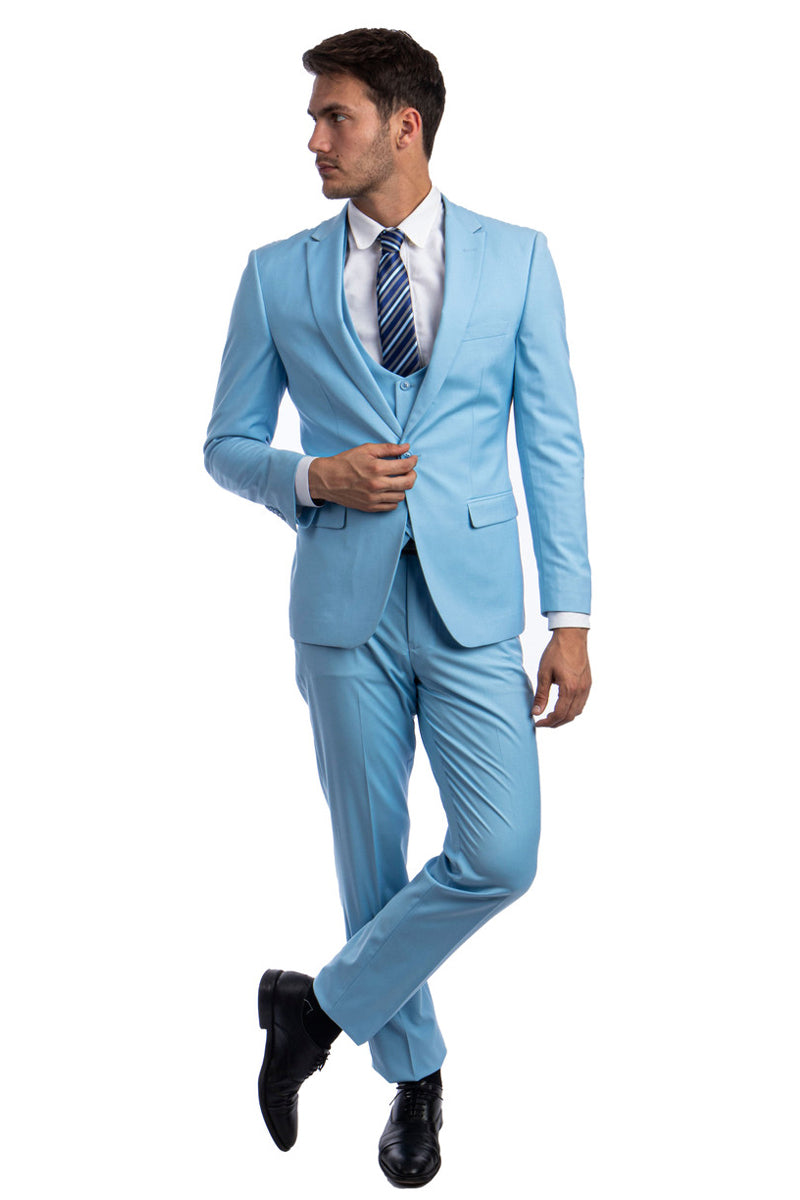 Men's One Button Peak Lapel Skinny Wedding & Prom Suit with Lowcut Vest in Sky Blue