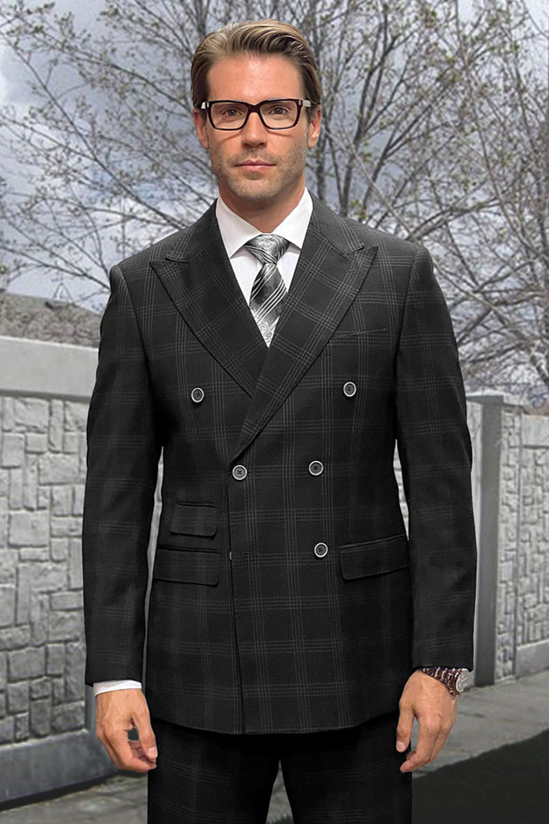 Men's Designer Classic Fit Double Breasted Wool Suit in Black Windowpane Plaid