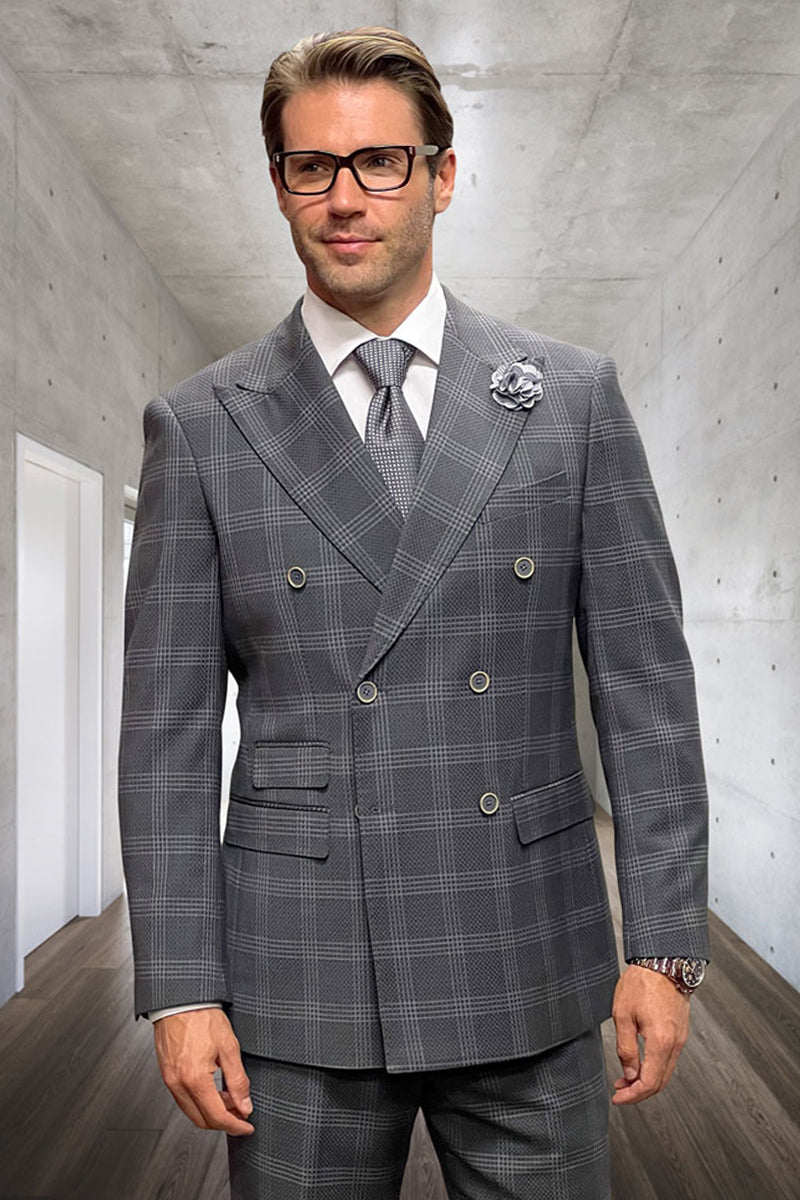 Men's Designer Classic Fit Double Breasted Wool Suit in Grey Windowpane Plaid