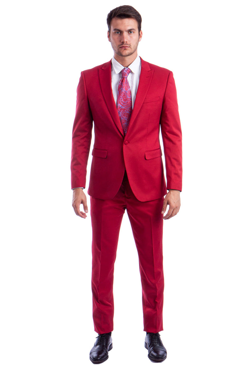 Men's One Button Peak Lapel Basic Slim Fit Suit in Red