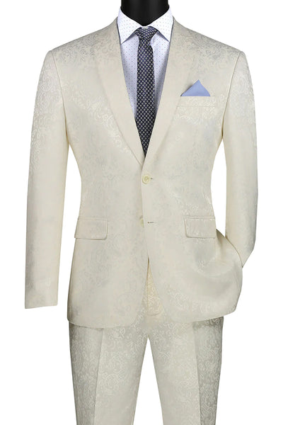 Men's Slim Fit Shiny Paisley Prom & Wedding Suit in Ivory