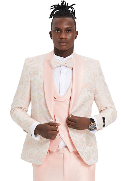 Men's One Button Vested Shawl Lapel Prom Tuxedo in Embossed Pink Paisley