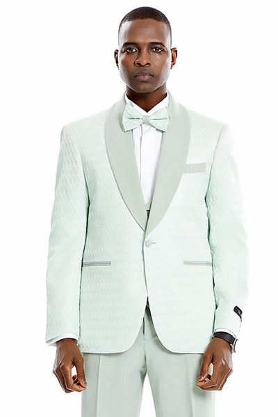 Men's One Button Vested Honeycomb Lace Design Wedding & Prom Tuxedo in Mint Green
