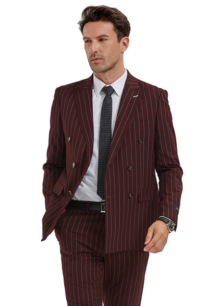 Men's Slim Fit Double Breasted Bold Gangster Pinstripe Suit in Burgundy