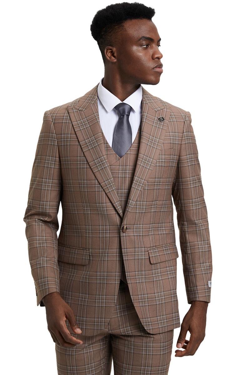 Stacy Adams Men s 3 Piece Plaid Hybrid Suit Double Breasted Vest Brown 56L CCO Menswear