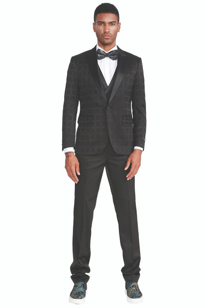 Men's One Button Peak Lapel Tuxedo with Double Breasted Vest in Black Plaid